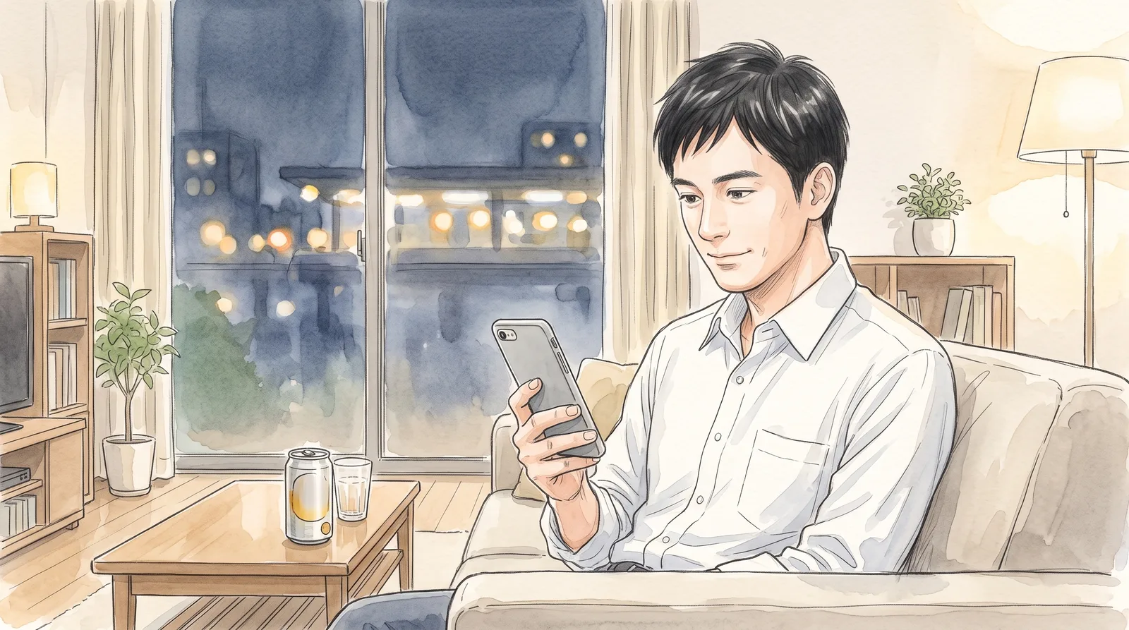 夜のリビングで、ひと息