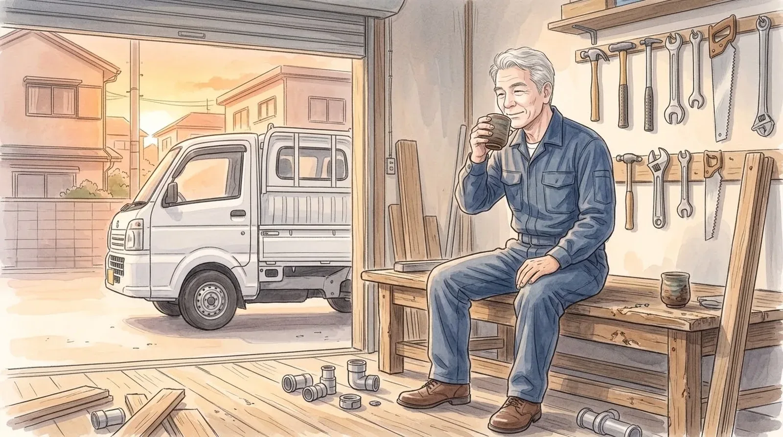 夕方の作業場で、一服