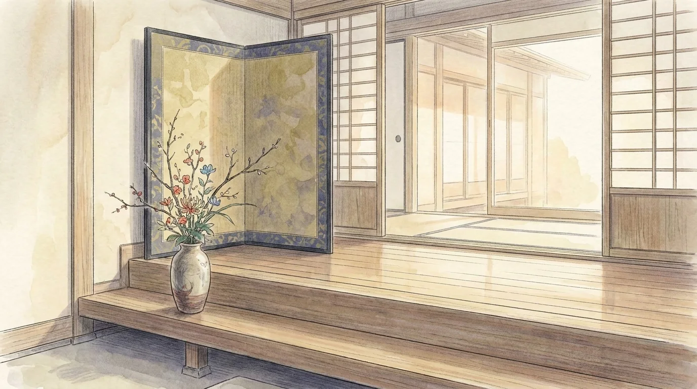 日本家屋の玄関。式台と屏風、花を活けた壺