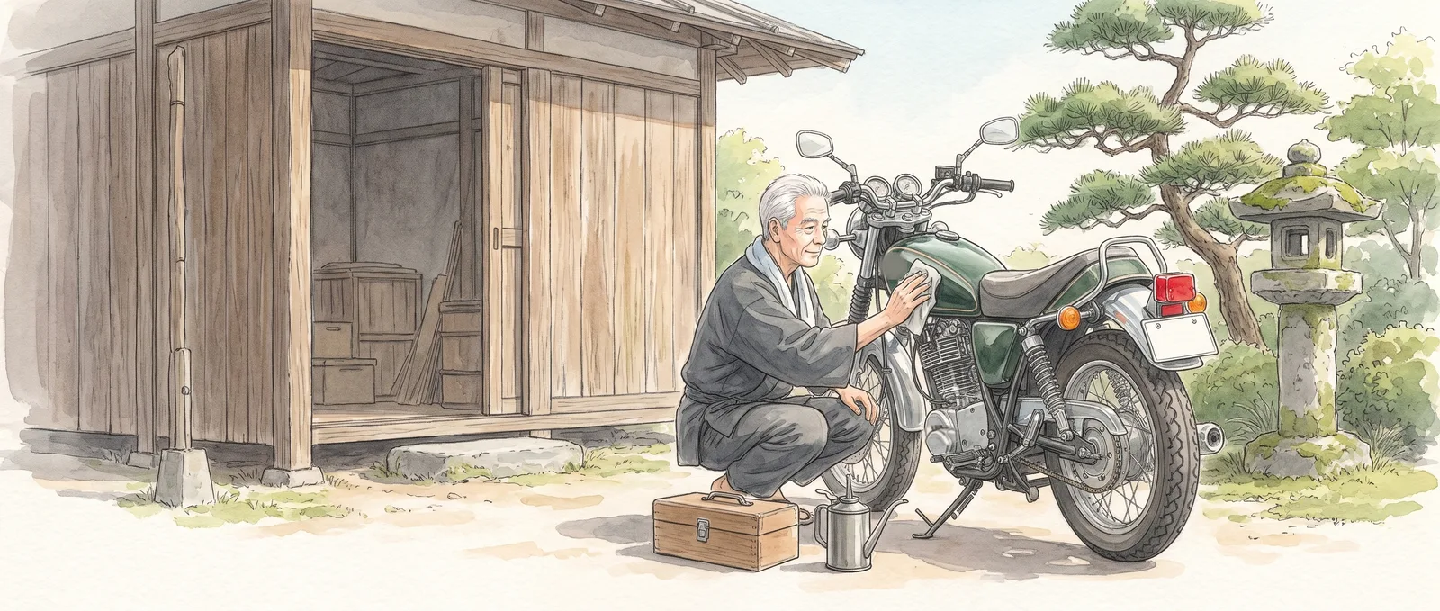 納屋の前で、バイクの手入れ