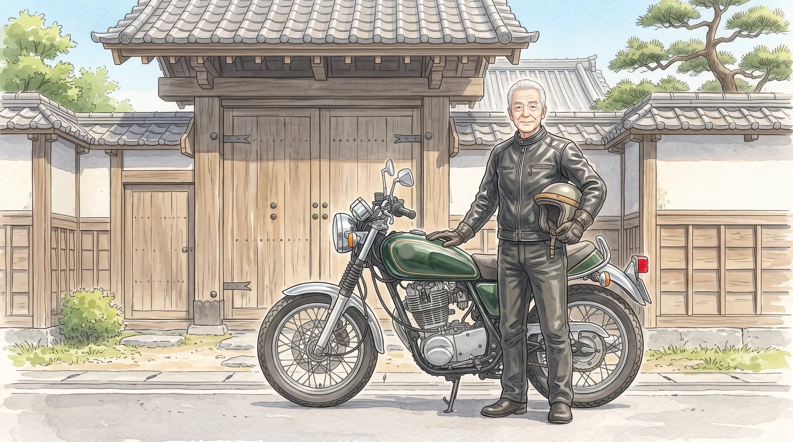 門の前で、相棒と