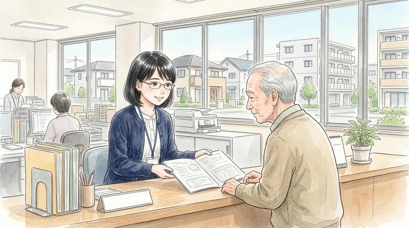 町役場の窓口で、職員の稲葉さんが年配の男性に冊子を見せて説明している